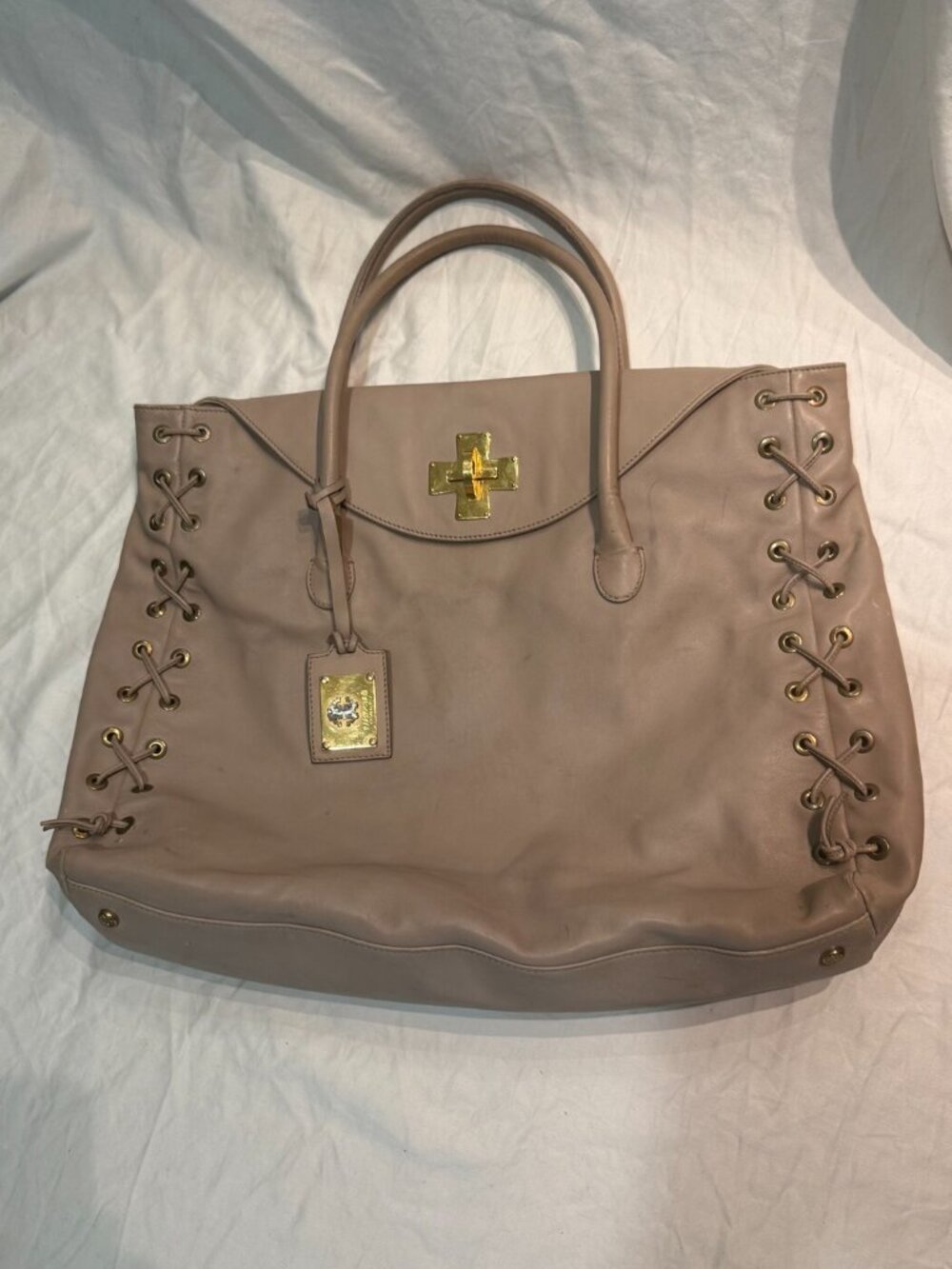 Roberto Cavalli Nude Lambskin Lace-Up Tote Gold Cross Turnlock Red Interior